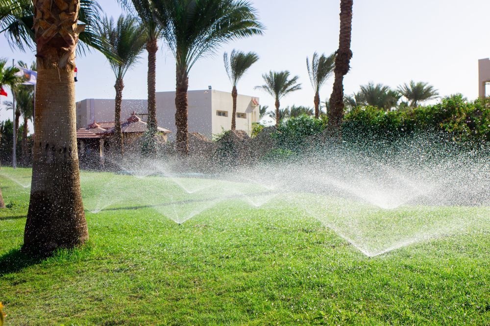 Sprinklers Watering a Green Lawn With Palm Trees in a Sunny Landscaped Area — Taree Water Works in Taree, NSW