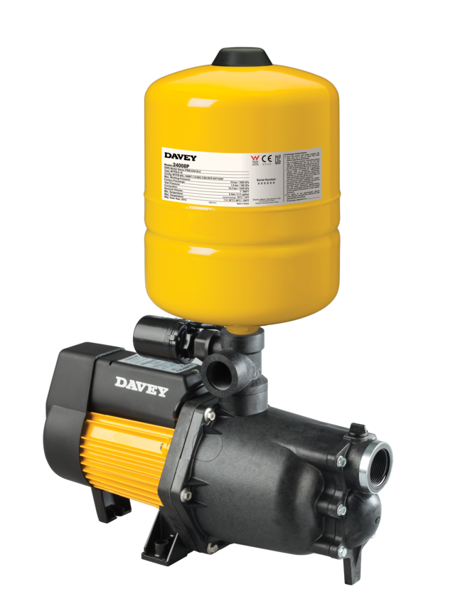 Yellow Pressure Tank Mounted on a Black Water Pump With Orange Motor Housing — Taree Water Works in Taree, NSW
