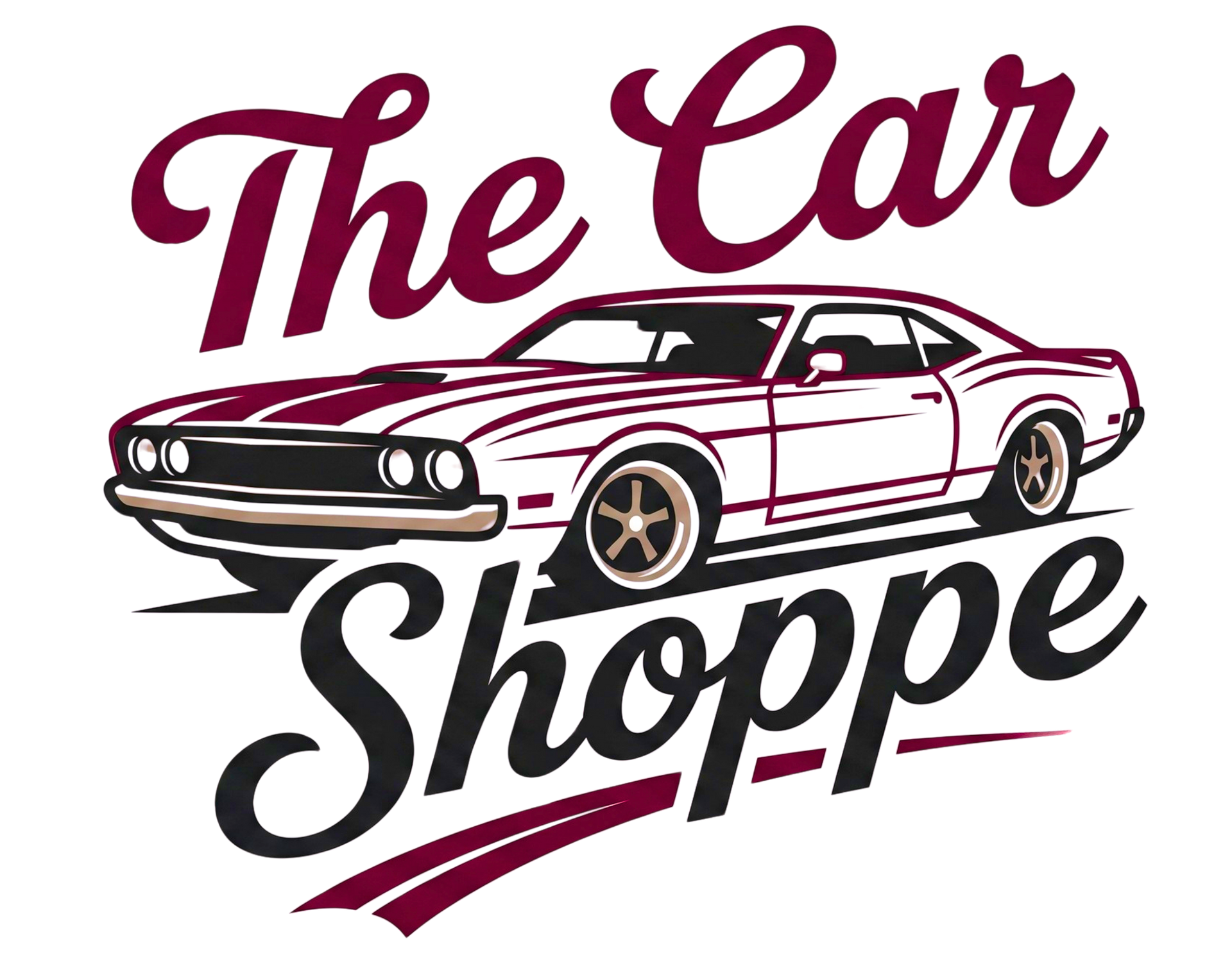 Maroon classic car above “The Car Shoppe” in decorative burgundy logo