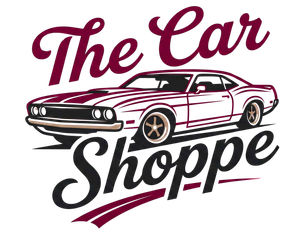 Maroon classic car above “The Car Shoppe” in decorative burgundy logo