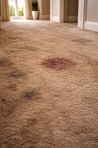 Tan carpet with a prominent reddish stain in the center and smaller, darker spots throughout, inside a bright hallway.