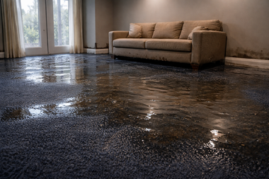 A room with dark carpet flooded with standing water, featuring a beige couch against the back wall.