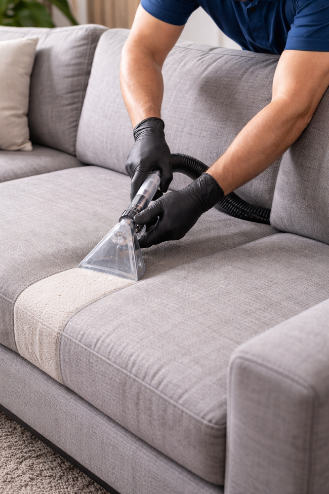 A person wearing black gloves uses a machine to clean a gray fabric sofa, showing a visible stripe of freshly cleaned area.