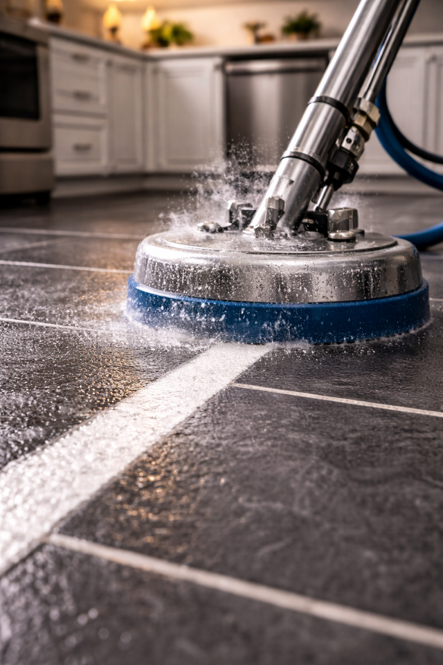 A professional cleaning tool scrubbing dark tiled floors in a kitchen, leaving a clean white grout line.