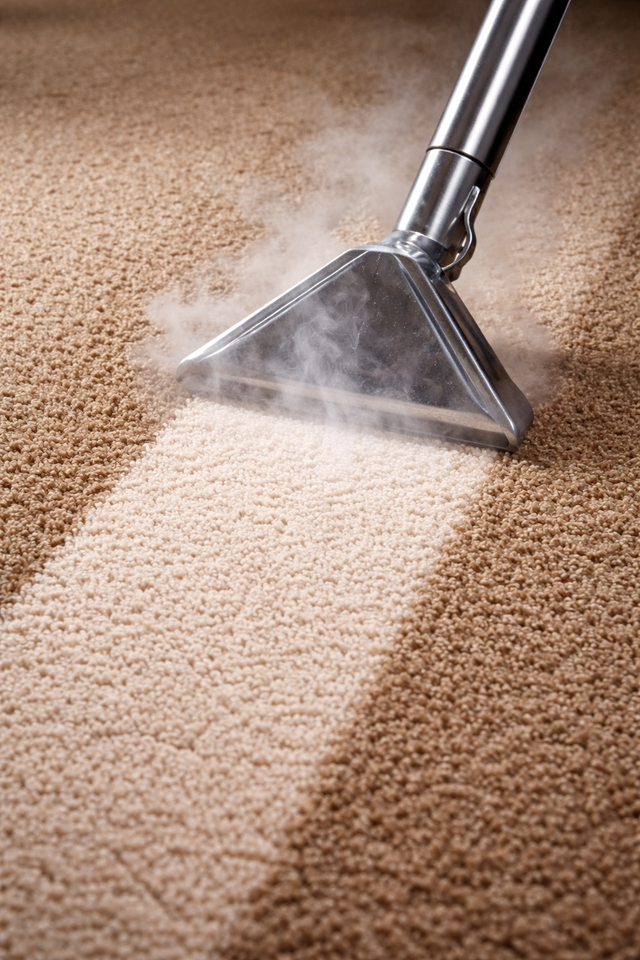 A steam cleaner nozzle extracts dirt from beige carpet, showing a clean, light-colored path against the darker rug.