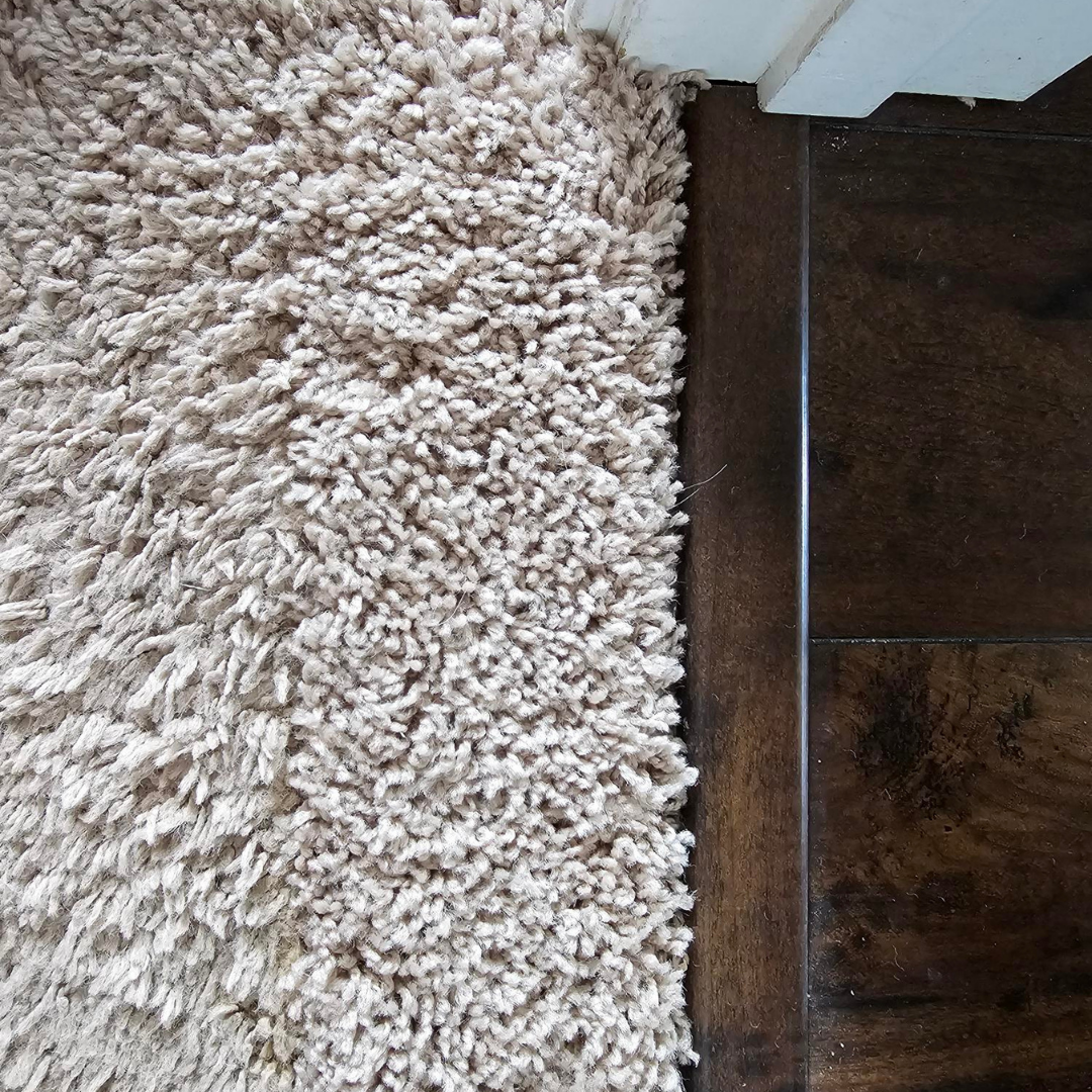 A top-down view showing the transition between a beige shaggy rug and dark wood flooring with a wooden threshold strip.