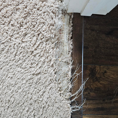 A beige, frayed shag rug edge sits next to a dark wood floor transition strip.