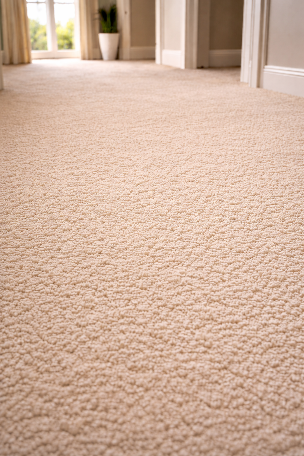 Beige, textured wall-to-wall carpeting in a brightly lit hallway leading to an open doorway.