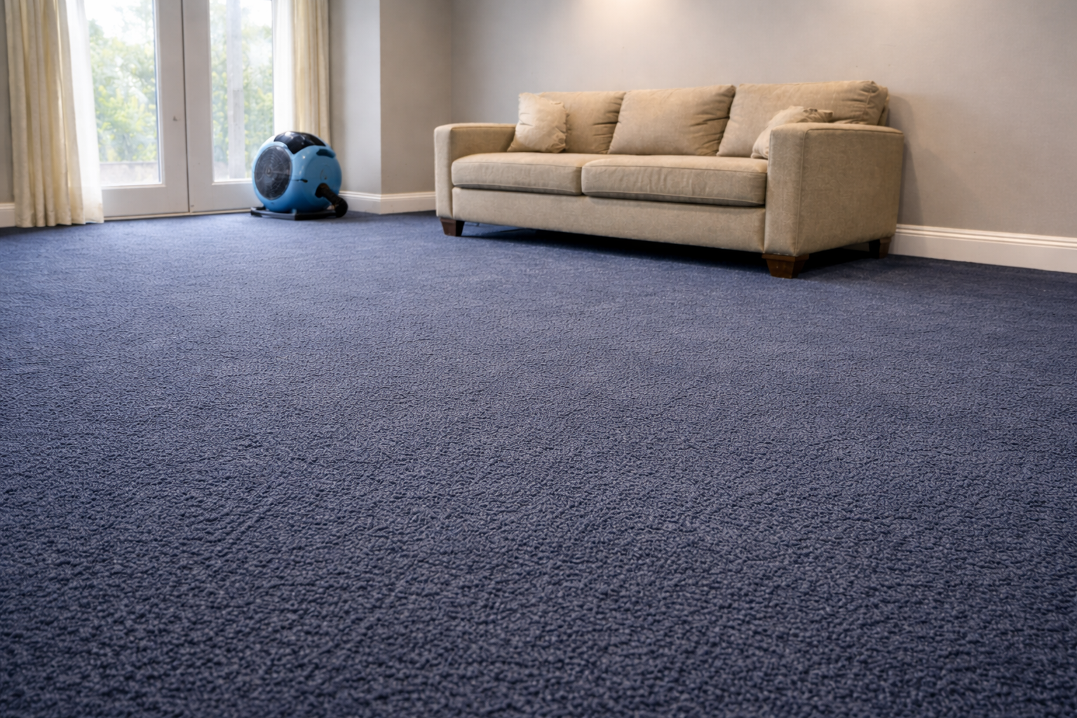A blue carpet covers a room with a beige sofa and a blue air mover fan near glass doors.