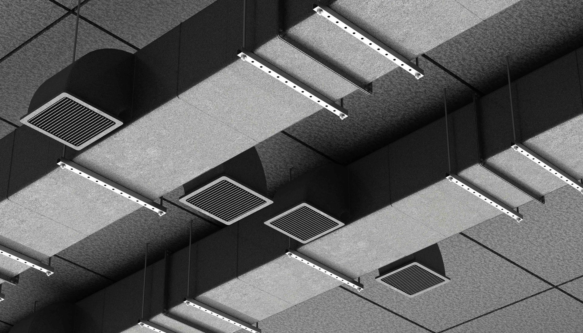 Abstract black-and-white ceiling with geometric panels and rectangular vents/fluorescent lights