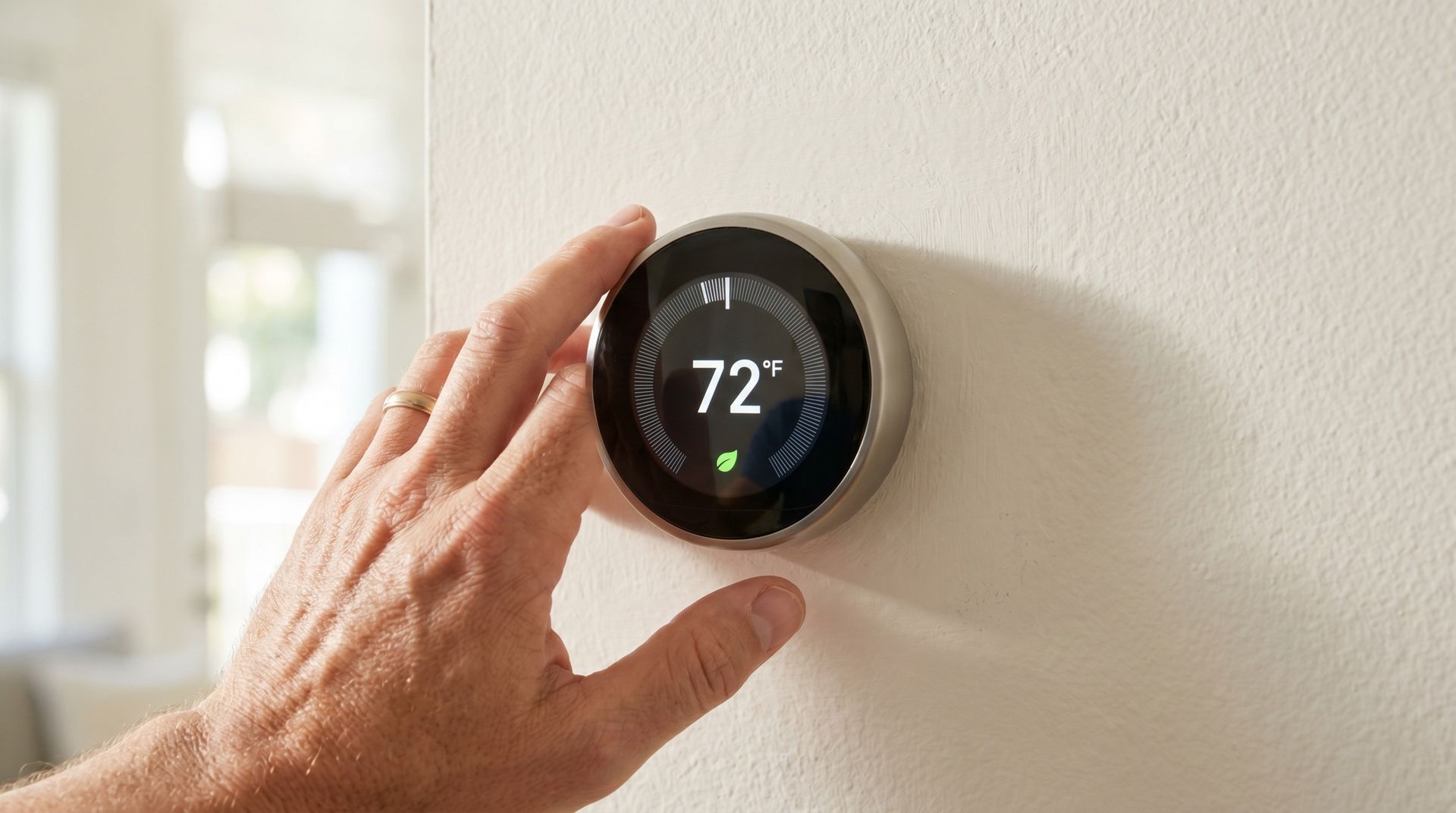 Hand adjusting a black smart thermostat on a white wall, displaying 72°