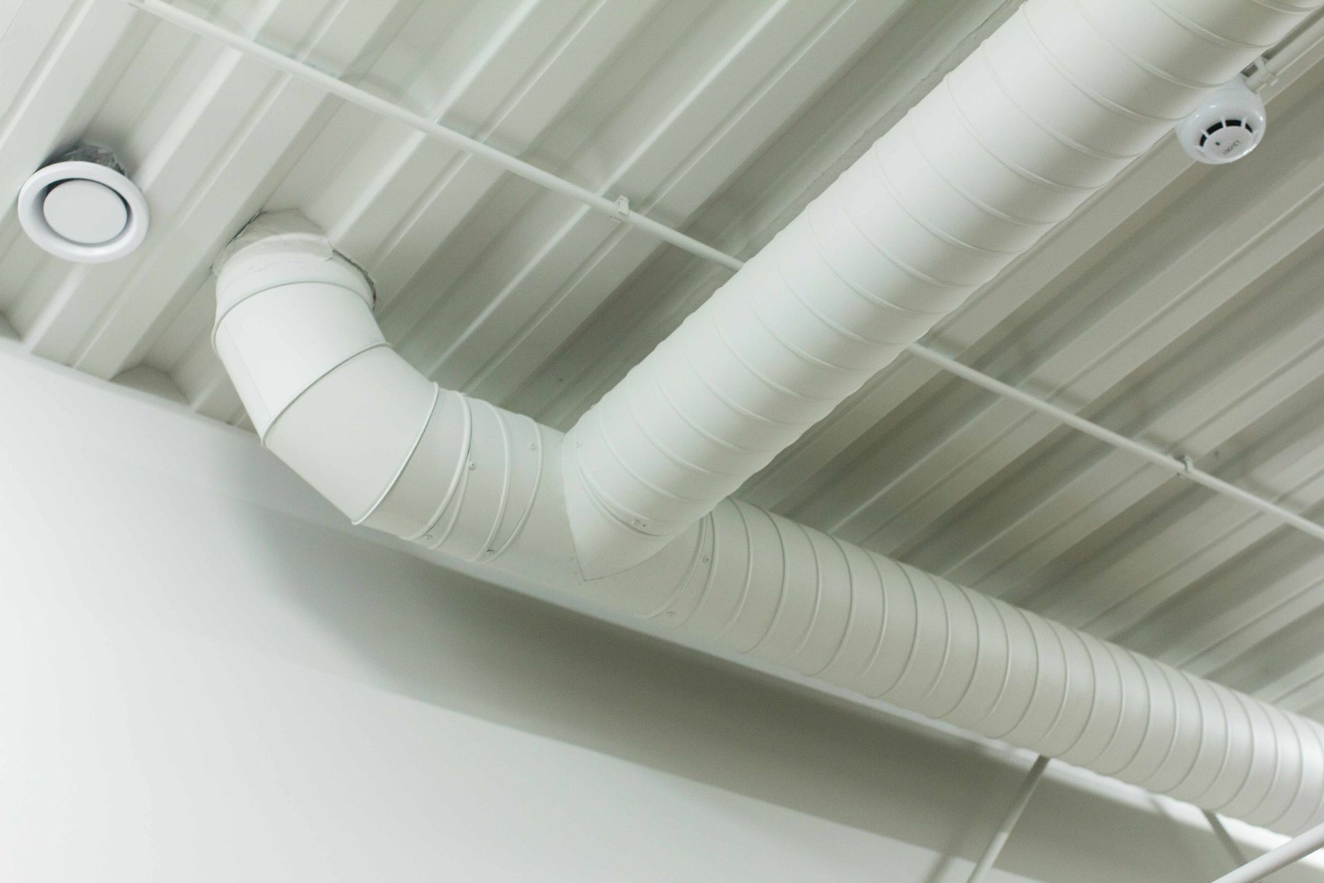 White ceiling with exposed air ducts and vents in an industrial interior