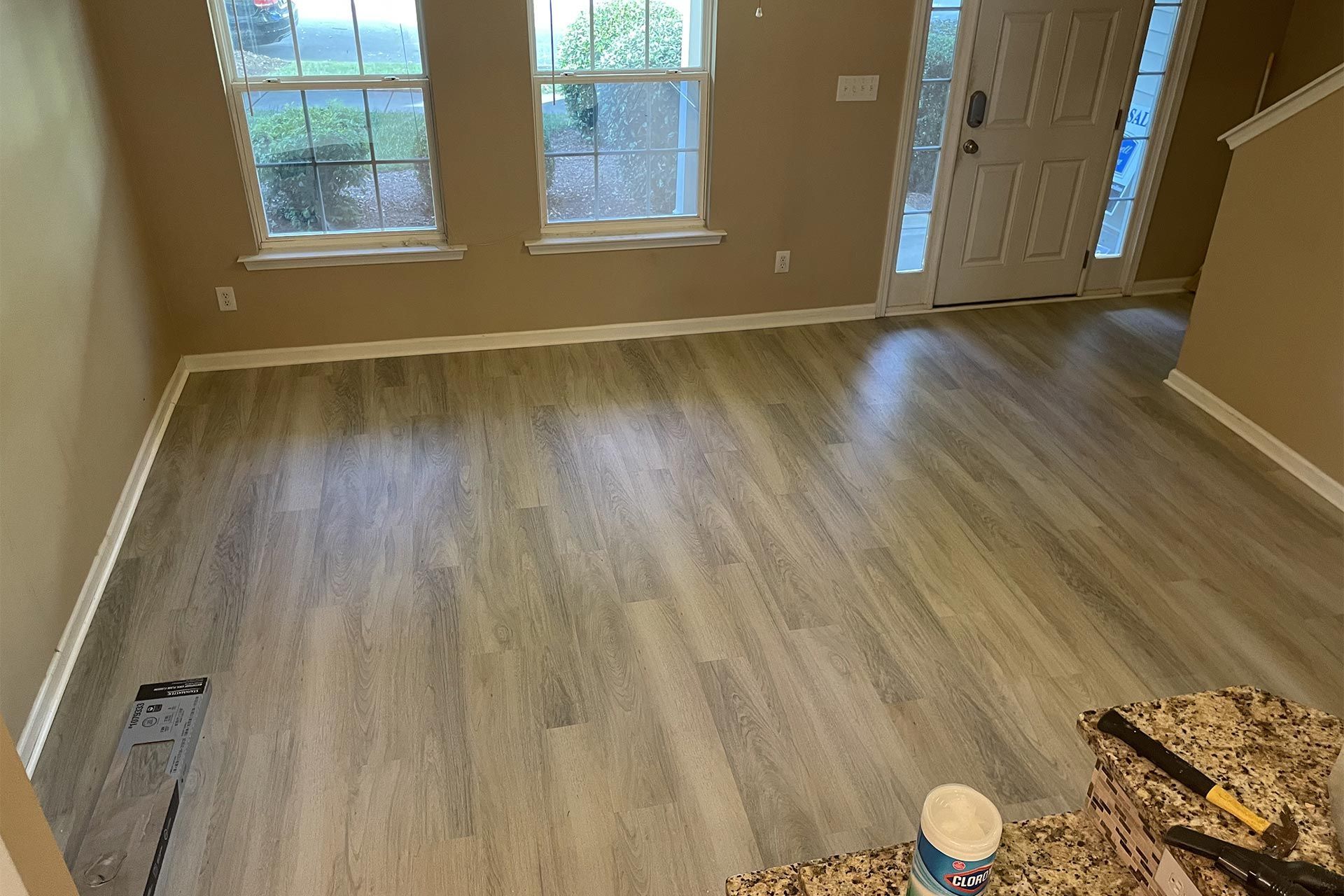 Living room with light gray wood-look flooring, two windows, and a closed white door.