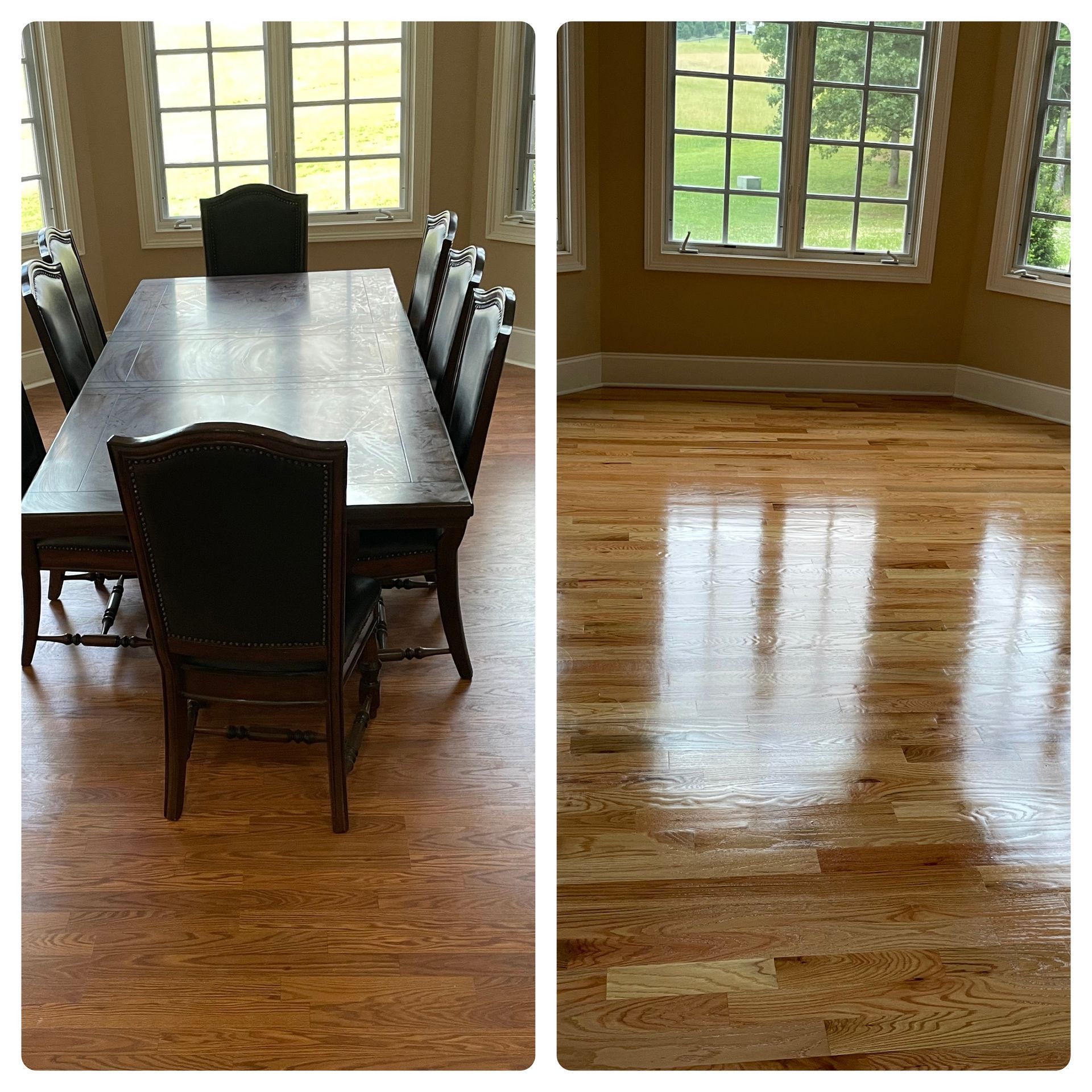 Dining room: wooden table with chairs, hardwood floor, natural light from windows.