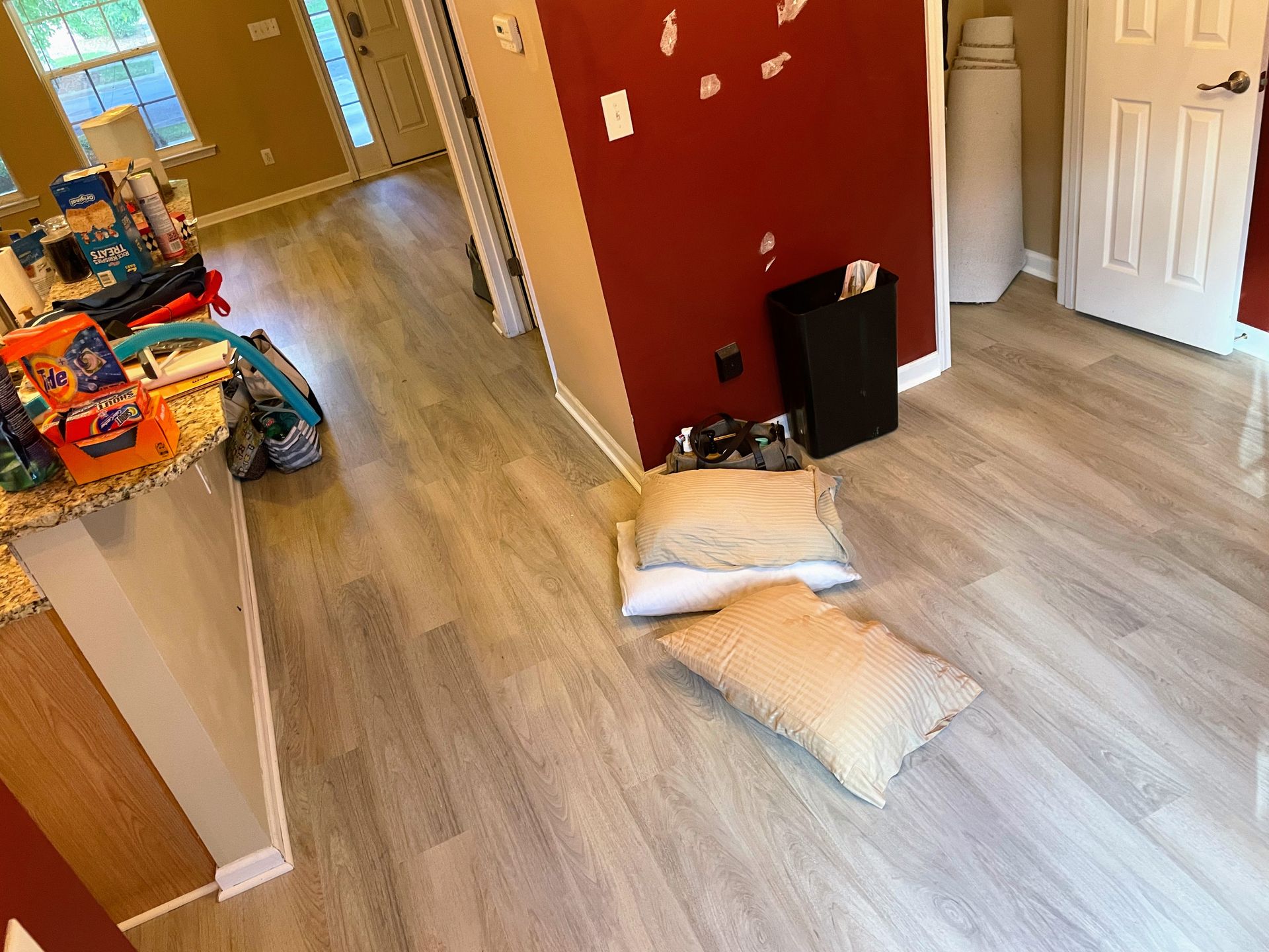Light wood-look flooring in a room with a red wall, pillows, and a black box.