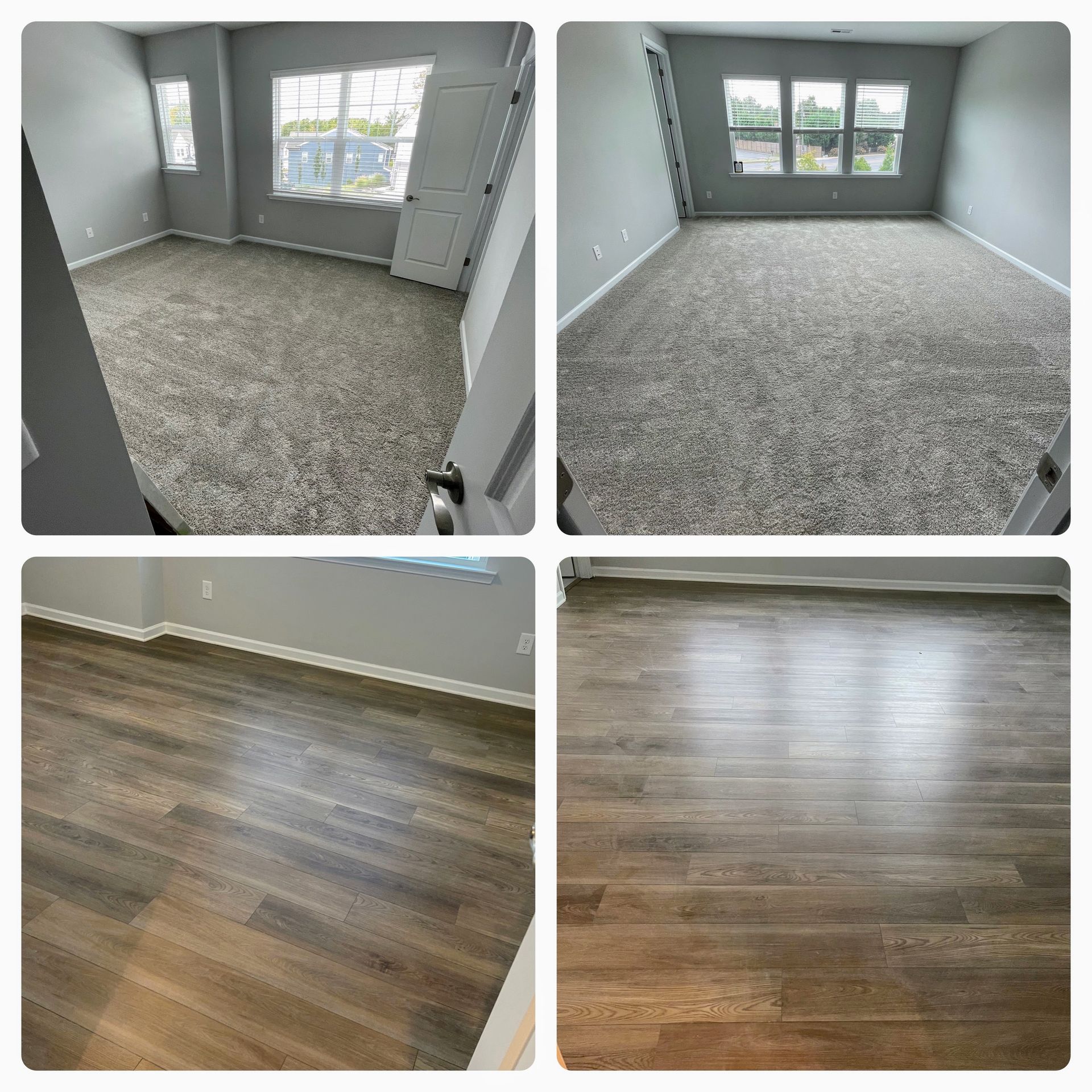 Four photos of rooms. Top two have gray carpet, bottom two have wood-look flooring.