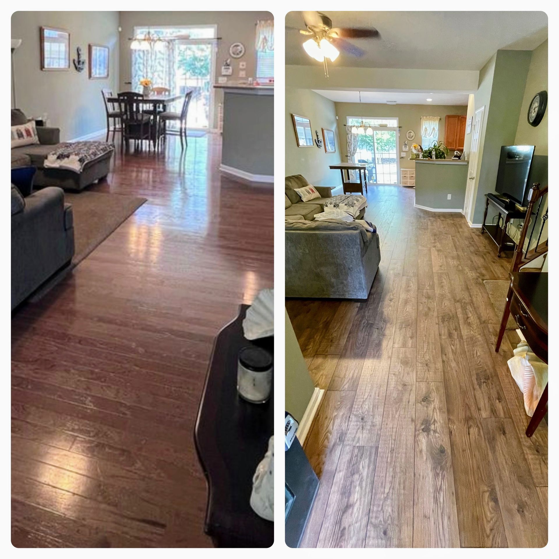 Before and after comparison of a living room with wooden floors; old floors are dark, new floors are lighter.