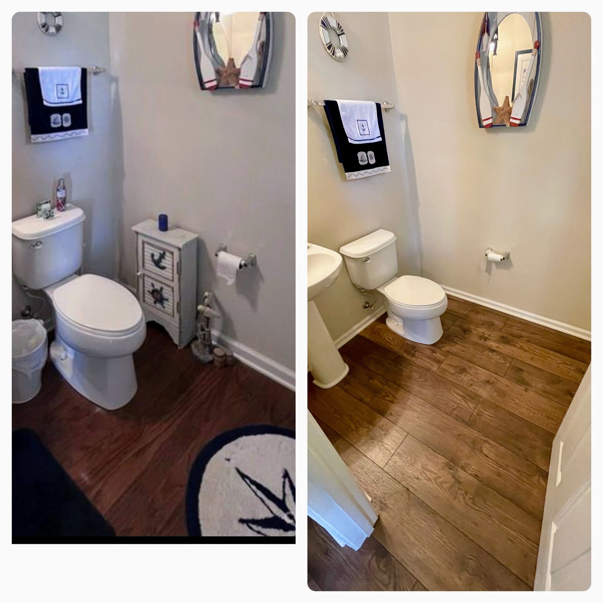 Two views of a small nautical-themed bathroom with a toilet, sink, and wood floor.