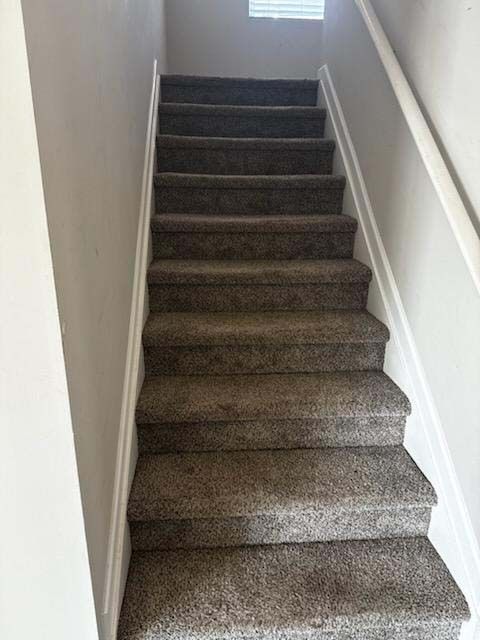 Staircase with carpeted steps and white railing ascending to a wall with a small window.