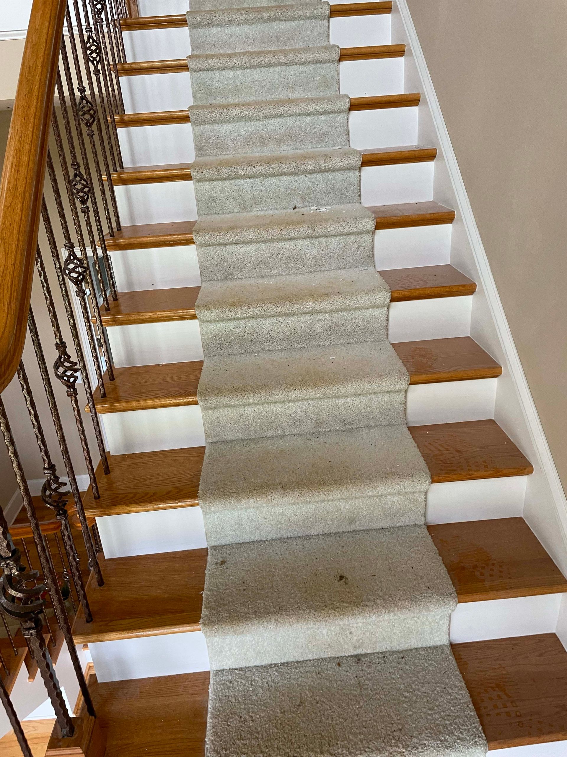 Staircase with wooden steps and a central carpet runner; white risers and ornate metal railing.