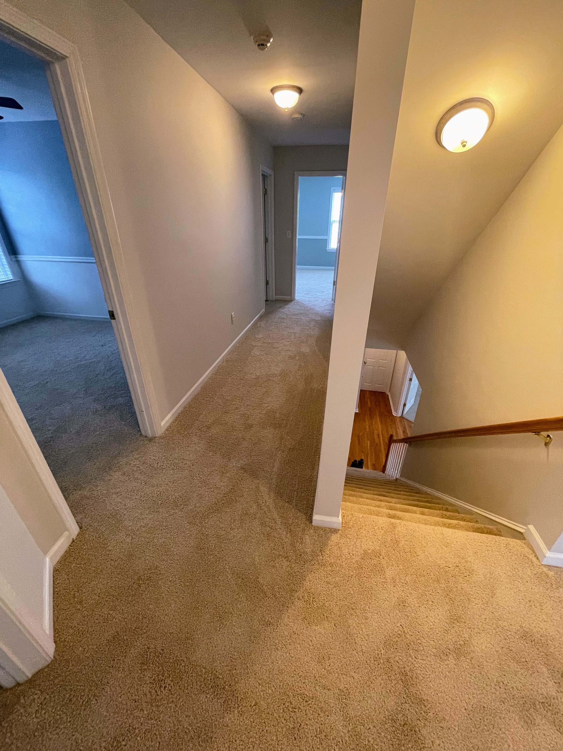 Hallway with carpet, stairs, and two doorways; lit by overhead lights, walls are light colors.