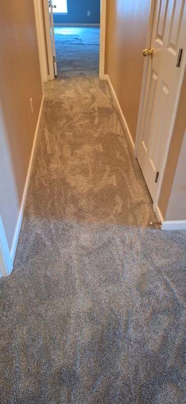Narrow hallway with beige carpet, tan walls, white trim and door, leading to a blue room.