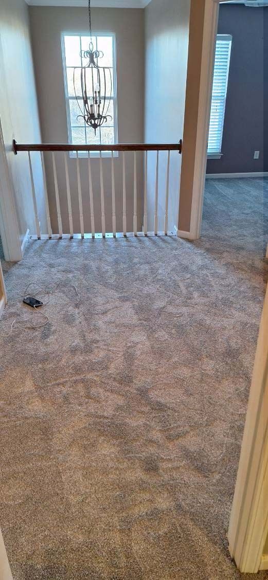 Hallway with staircase, carpeted floor, chandelier, and a window.
