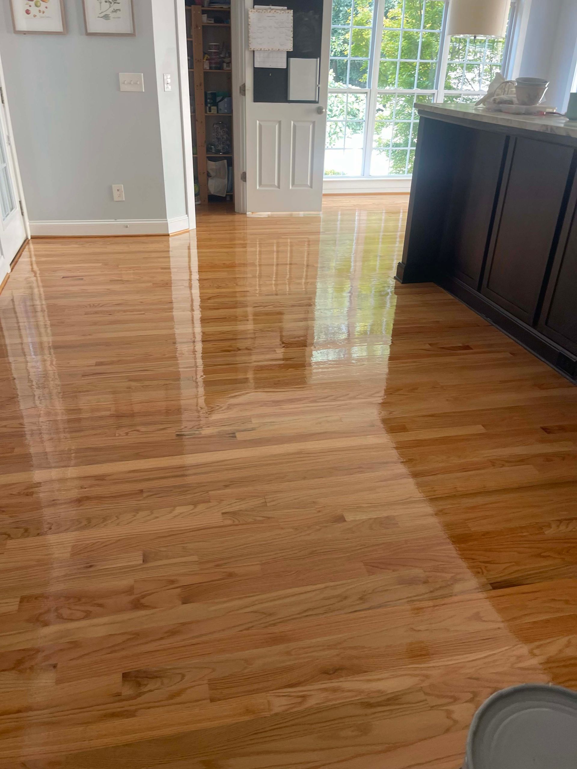 Shiny hardwood floor reflecting sunlight, leading to a doorway. Kitchen cabinets are on the right.