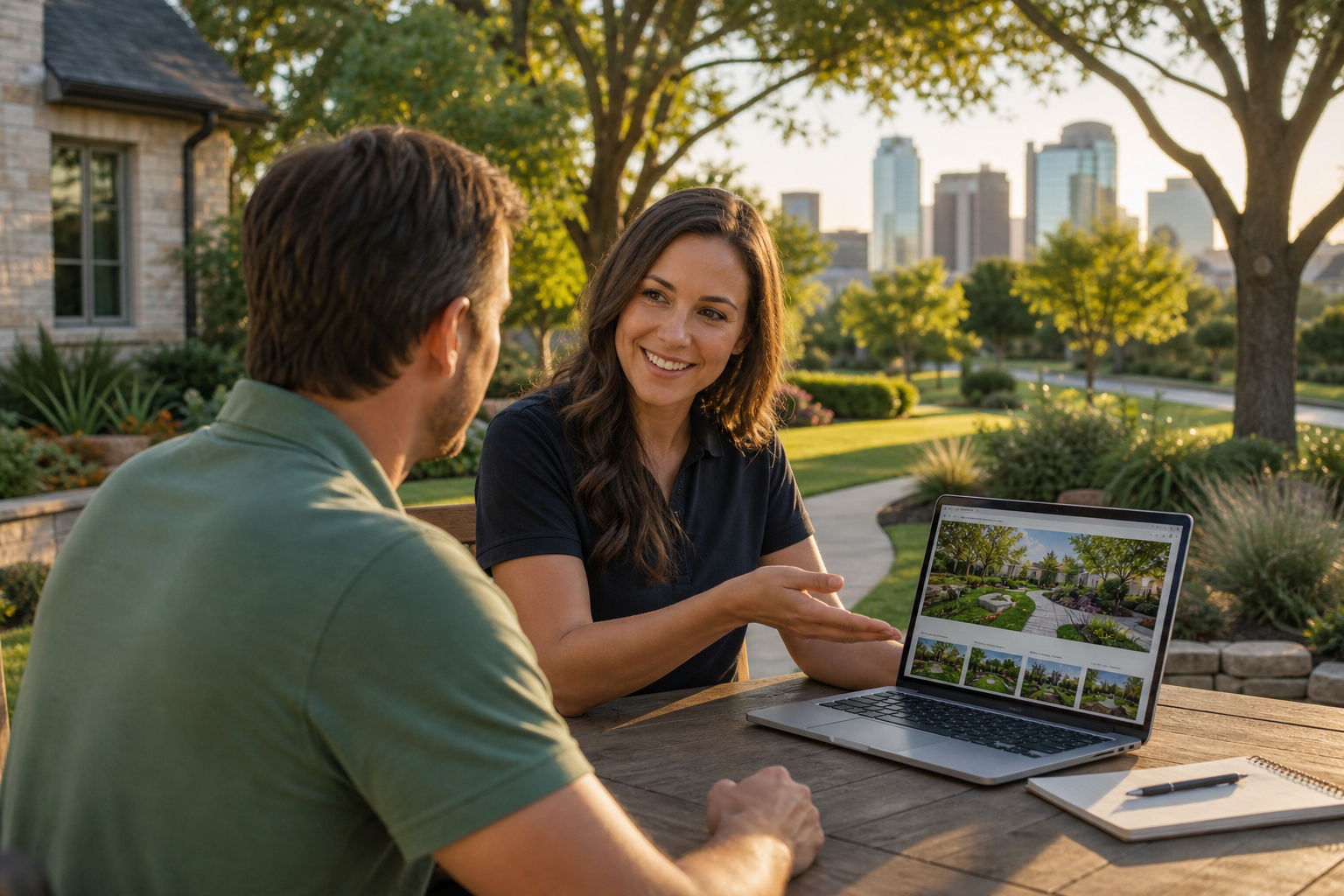 Two people reviewing a laptop outdoors beside a house, with city buildings in the background.