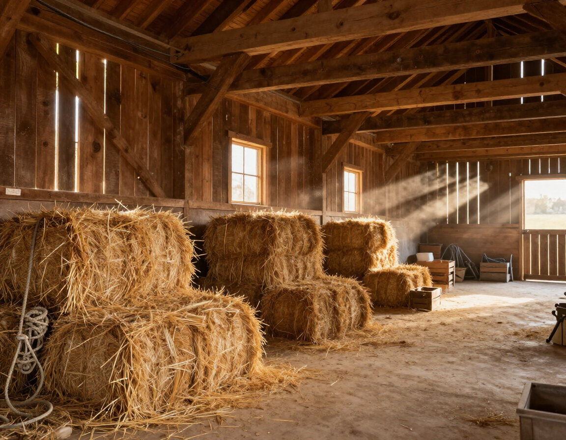 Barn interior with organized hay feed storage.