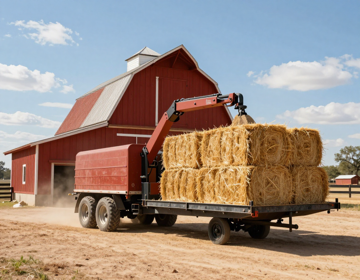 Farm equipment loading hay bales near a barn.