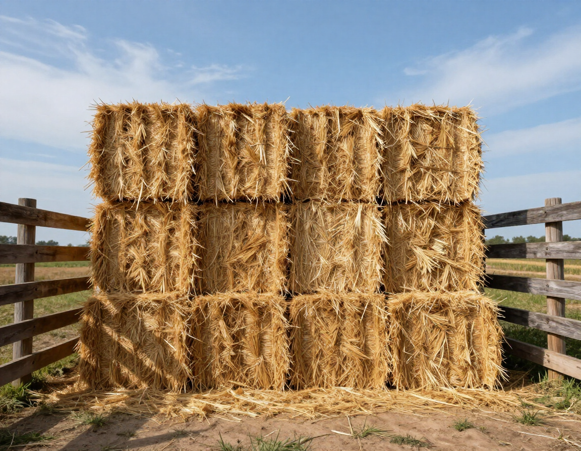 Stacked square hay bales in a farm yard.