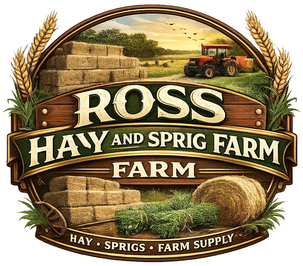 Ross Hay and Sprig Farm logo with hay bales, a tractor, and wheat in a golden field.