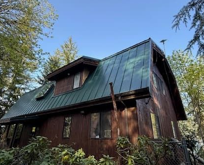 Brown cabin with green metal roof, set against a blue sky, surrounded by trees and vegetation.