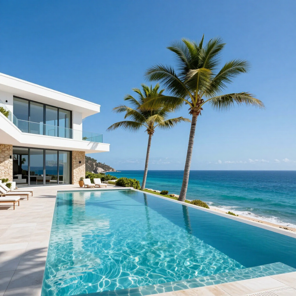 Luxury oceanfront villa with infinity pool, palm trees, and blue sea under a clear sky