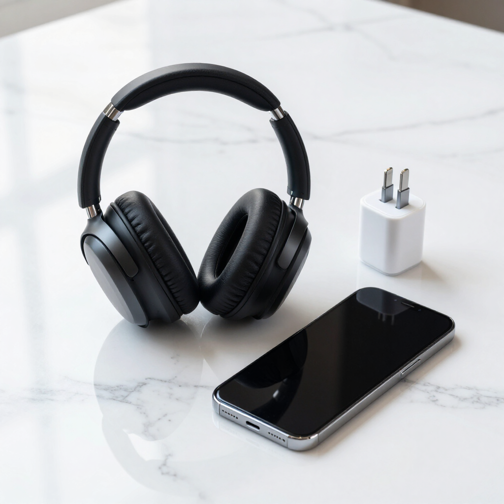 Black over-ear headphones beside a smartphone and white charger on a light marble surface
