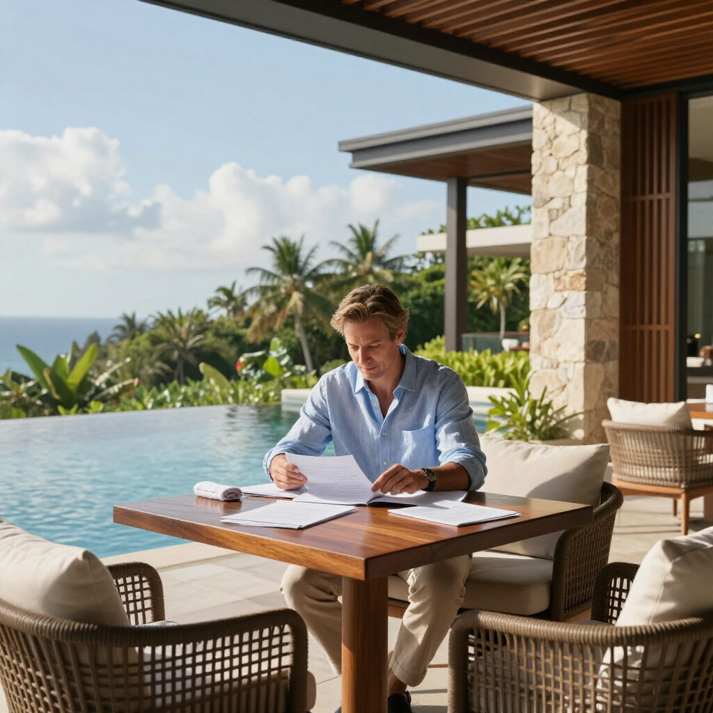 Person working at a table beside an infinity pool with ocean and palm views