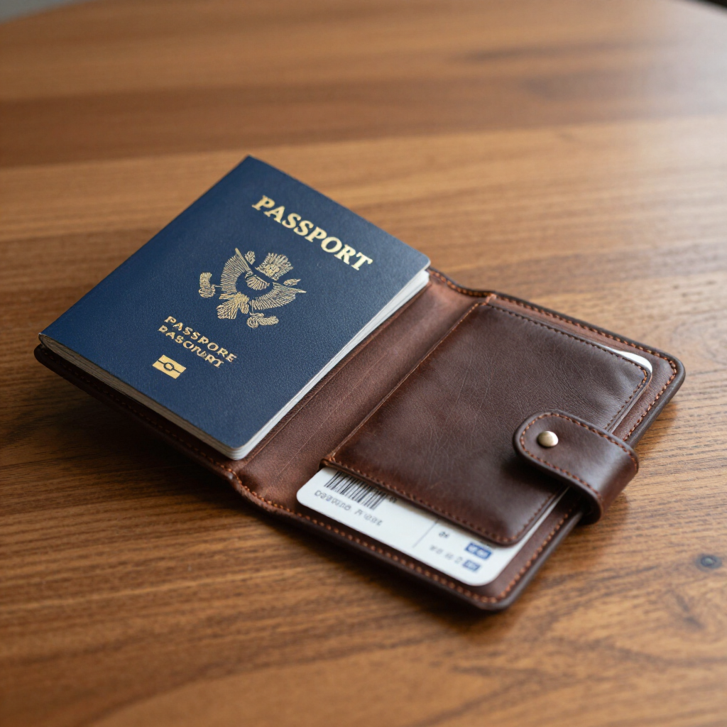 Blue passport beside brown leather wallet with an ID card on a wooden table