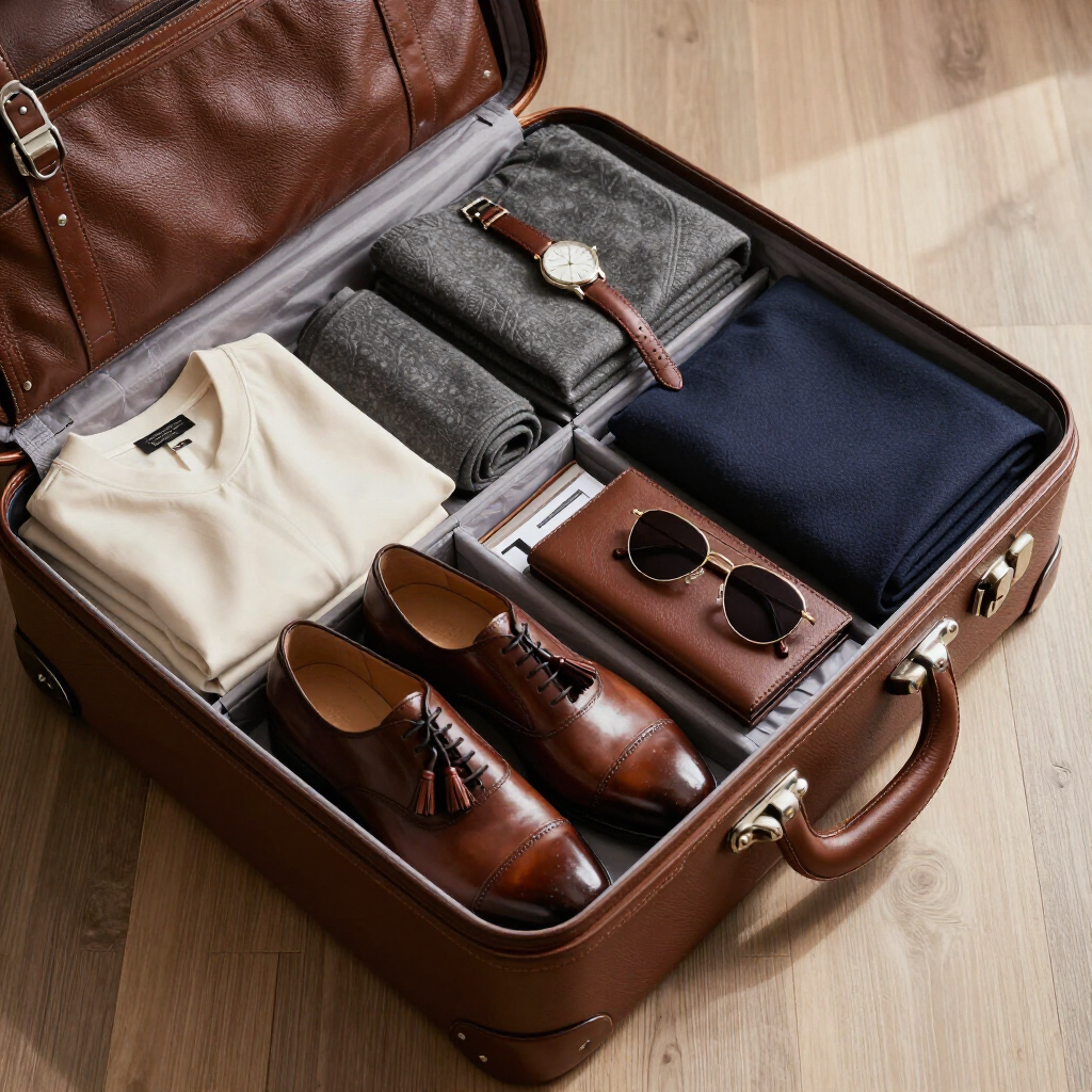 Open leather suitcase packed with folded clothes, shoes, sunglasses, and a watch for travel.