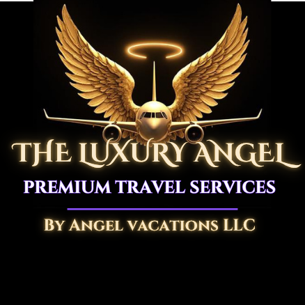 Gold winged angel logo with halo and text: The Luxury Angel Premium Travel Services by Angel Vacations LLC