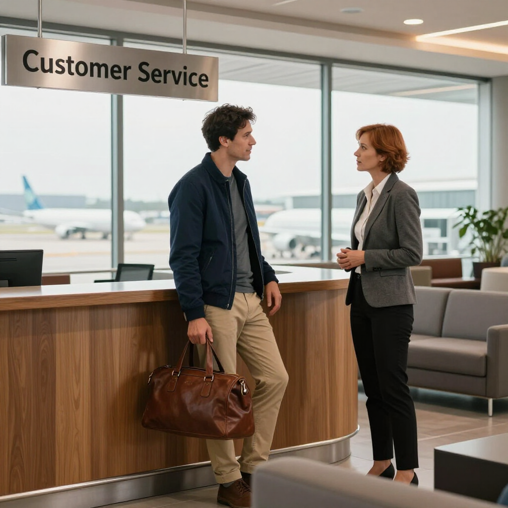 Two people talking at a customer service desk in a bright airport lobby.