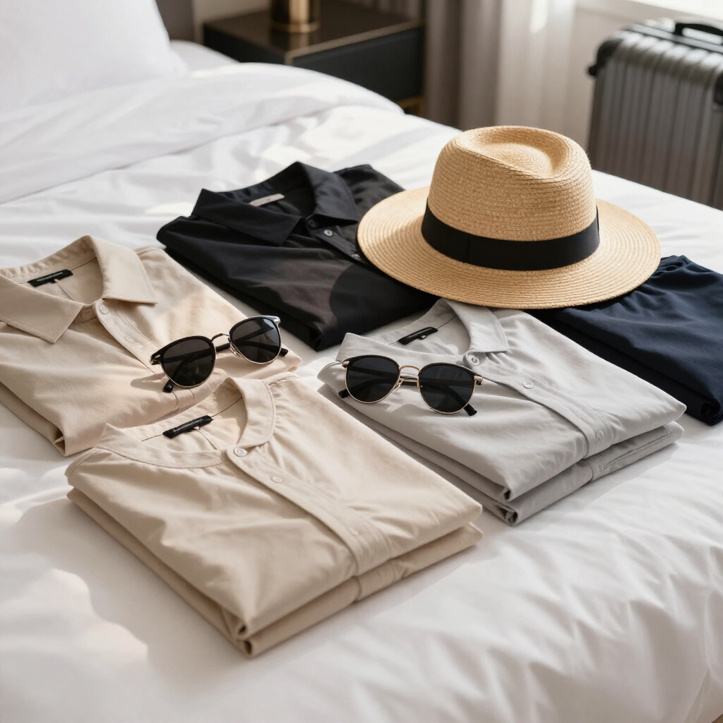 Neatly folded travel clothes with hats and sunglasses on a white bed in a bright hotel room