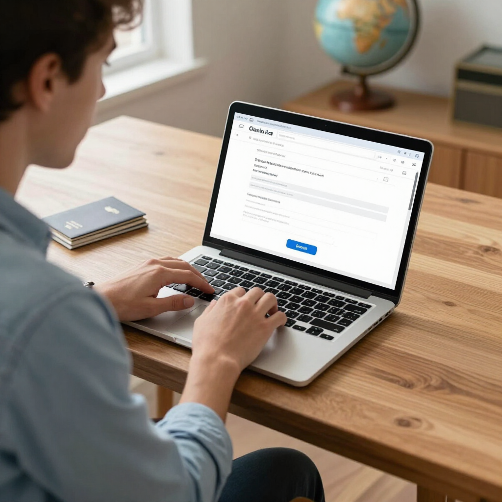 Person typing on a laptop at a wooden desk, with a form open on the screen and a globe in the background