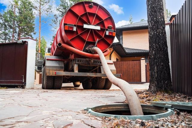 A red septic tank truck pumping waste from an open manhole in a yard.
