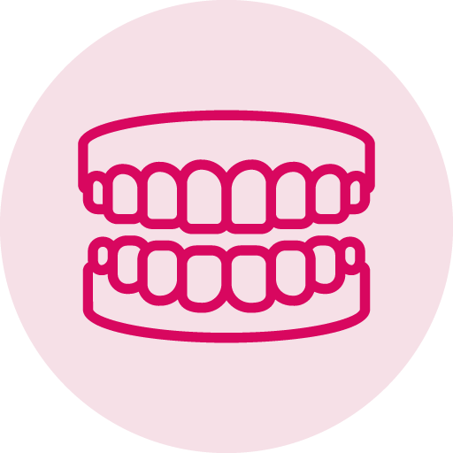 A line drawing of a pair of teeth on a pink background