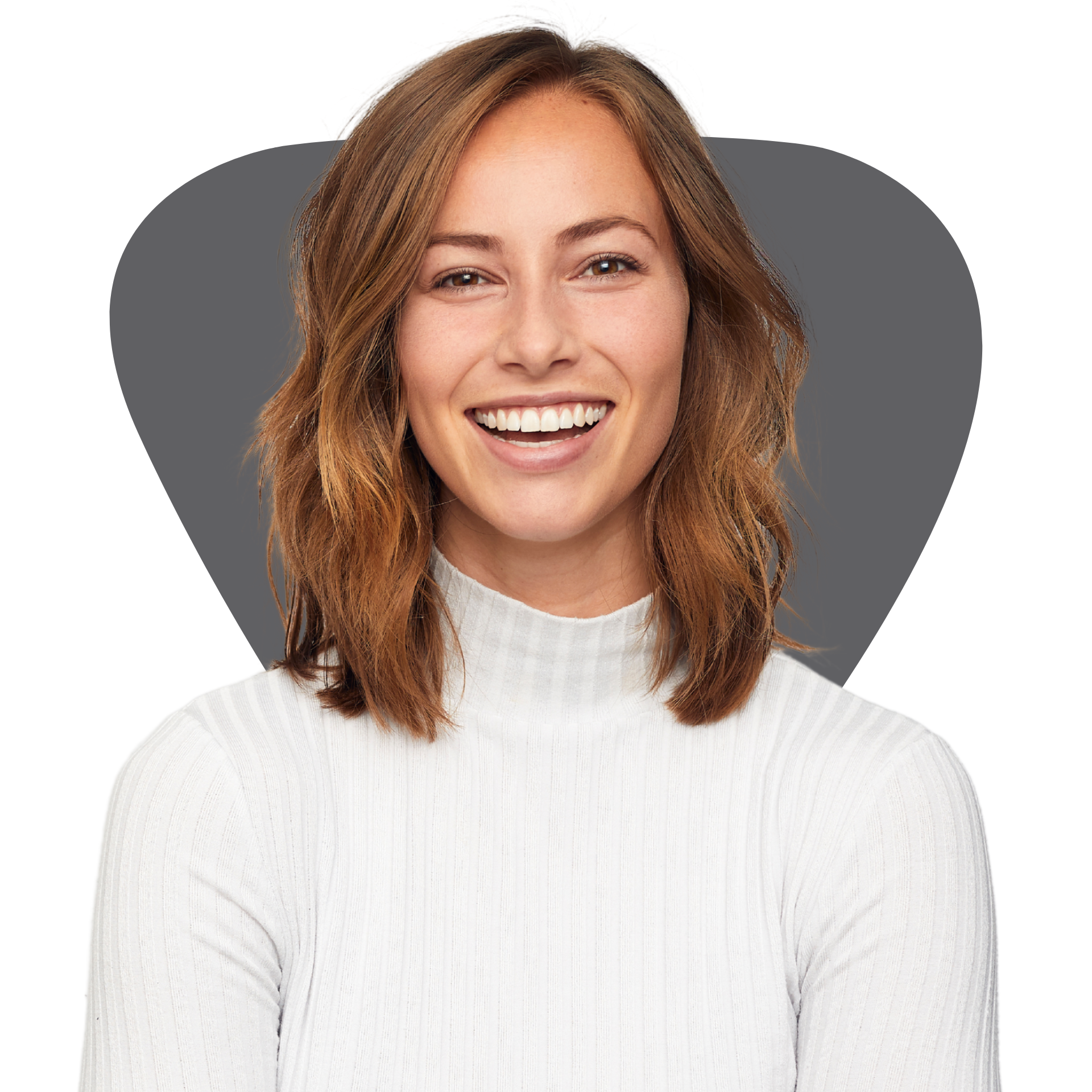 A woman wearing a white sweater is smiling for the camera