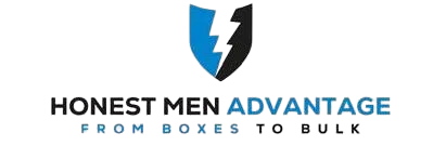 Honest Men Advantage logo with blue shield icon and tagline &ldquo;From Boxes to Bulk&rdquo;