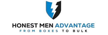 Honest Men Advantage logo with blue shield icon and tagline “From Boxes to Bulk”
