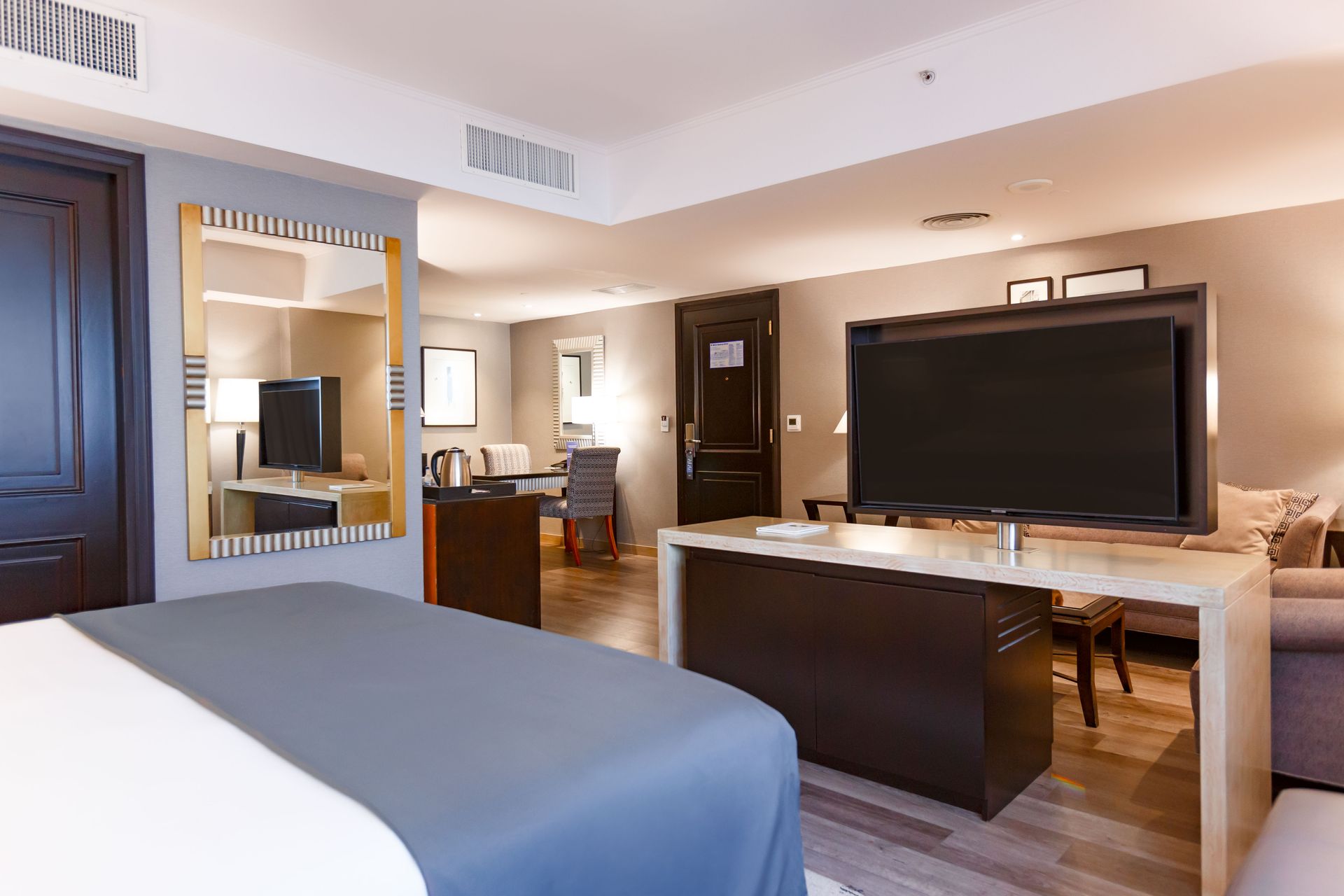 Una habitación de hotel con una cama tamaño king, televisión, sofá y espejo.