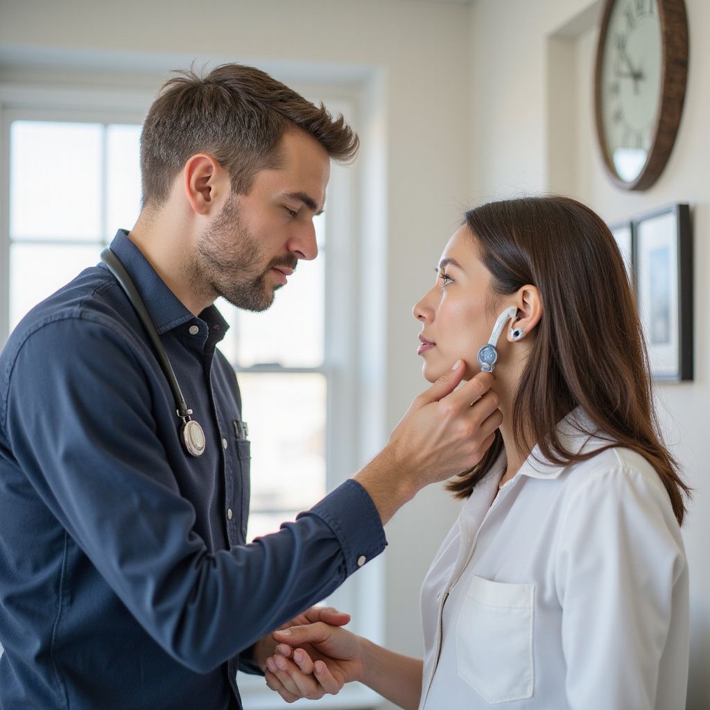 Doctor examining a patient's neck in a medical office.